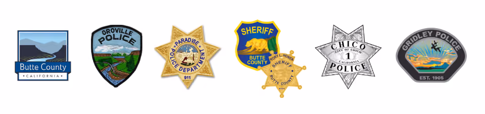 Logos and badges of Butte County, Oroville Police, Paradise Police, Butte County Sheriff, Chico Police and Gridley Police agencies