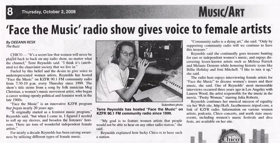 Newspaper clipping from The Buzz, October 2, 2008: "'Face the Music' radio show gives voice to female artists," with host Terre Reynolds at the KZFR mixing board