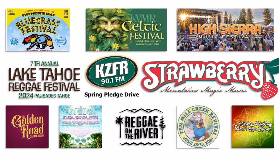 Collage of logos from California music festivals that donated passes to the KZFR 90.1 FM Spring Pledge Drive, including Strawberry, High Sierra, Reggae on the River and Lake Tahoe Reggae