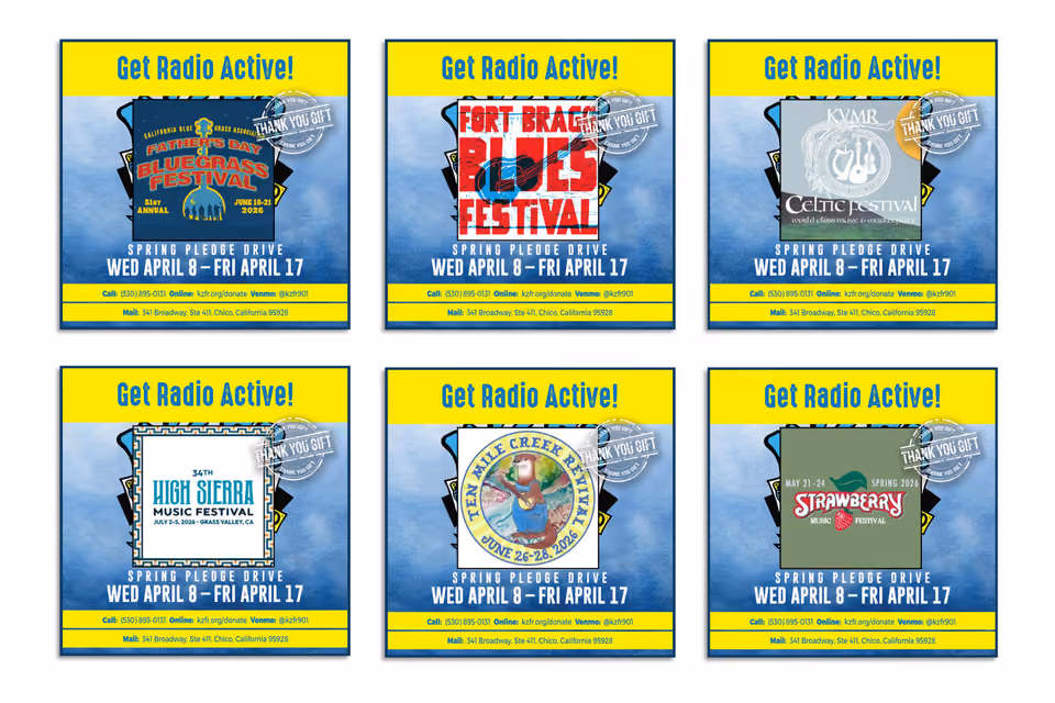 Six KZFR Get Radio Active pledge drive graphics offering festival pass thank-you gifts, Spring Pledge Drive Wed April 8 to Fri April 17, for Father's Day Bluegrass, Fort Bragg Blues, KVMR Celtic, High Sierra, Ten Mile Creek and Strawberry festivals