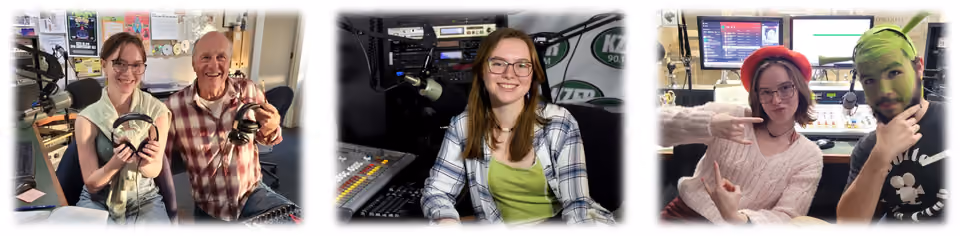 Three studio photos of Ginger over the years: with an older man holding headphones, alone at the mixing board, and posing playfully with a green-haired friend