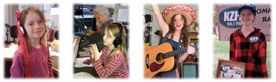 Four photos of Ginger Nichols growing up at KZFR: as a child with headphones, at the studio microphone, playing guitar in a sombrero, and as a teen in a KZFR shirt