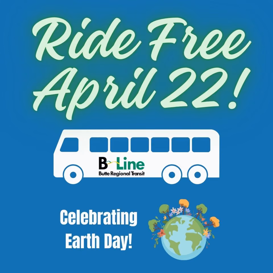 Graphic for B-Line Butte Regional Transit announcing free rides on April 22 for Earth Day, with a white bus and a globe