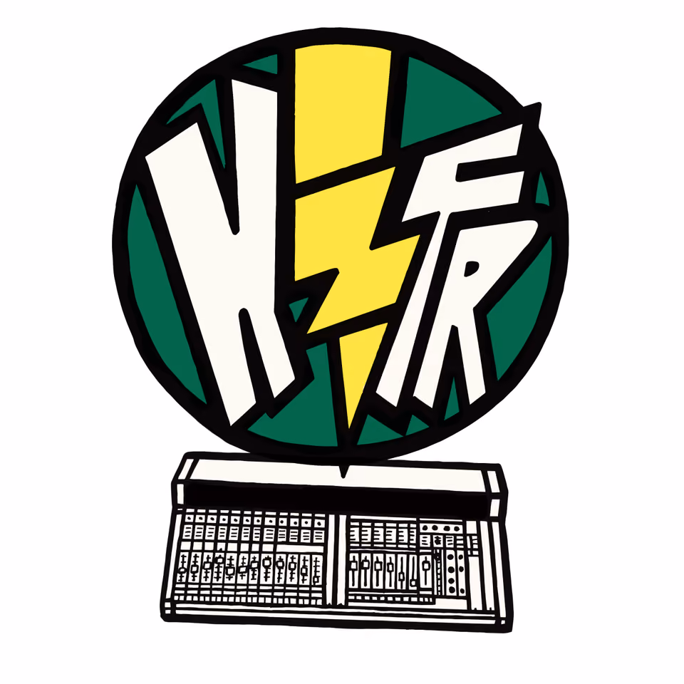KZFR logo design with stylized white letters and a yellow lightning bolt in a green circle, above a drawn audio mixing board