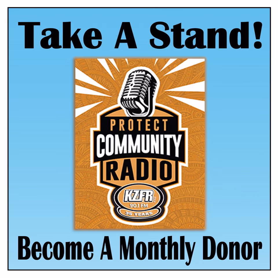 Graphic asking listeners to take a stand and become monthly donors, with a KZFR 90.1 FM 35 Years badge saying Protect Community Radio and a vintage microphone