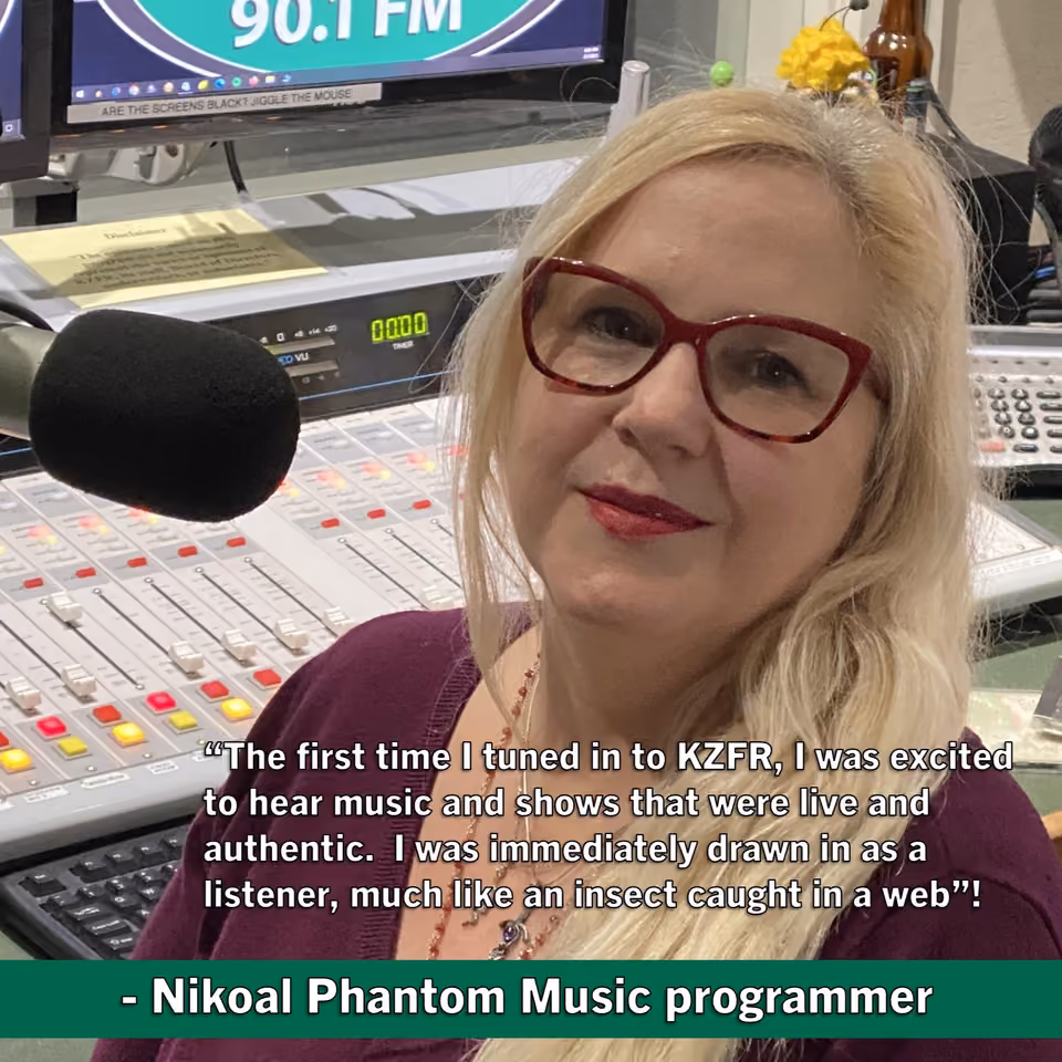 Quote graphic of Nikoal Phantom, a KZFR music programmer with glasses, in the studio: "I was immediately drawn in as a listener, much like an insect caught in a web"