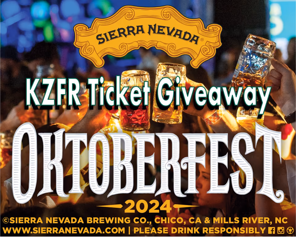 Graphic for the KZFR Ticket Giveaway to Sierra Nevada Oktoberfest 2024, with the brewery logo over raised beer steins in a crowd