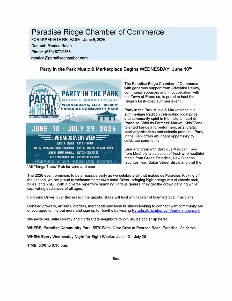 Press release from Paradise Ridge Chamber of Commerce for Party in the Park Music & Marketplace, Wednesdays June 10 to July 29, 2026, 5:30 to 8:30 p.m., Paradise Community Park