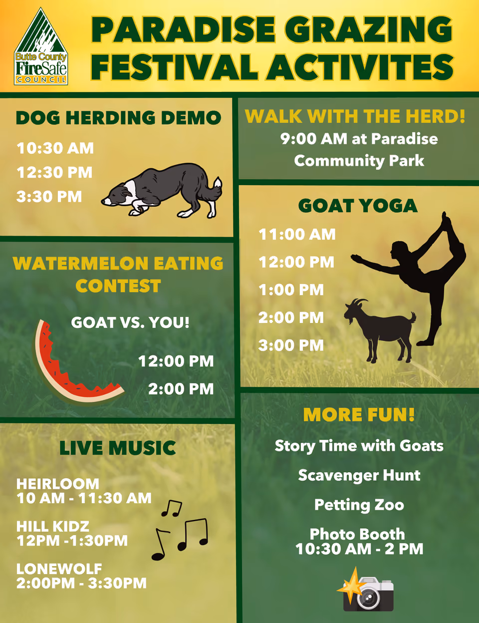 Schedule graphic for Paradise Grazing Festival activities: dog herding demos, walk with the herd at 9 AM, goat yoga, watermelon contest, live music, story time, petting zoo