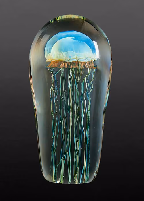 Glass sculpture of a moon jellyfish suspended in a clear block, with a blue-white dome, brown band and long green and blue tentacles