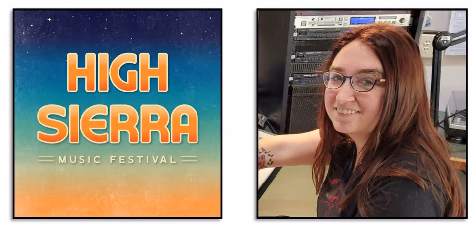 High Sierra Music Festival logo beside a smiling woman with long auburn hair and glasses seated in front of radio studio equipment