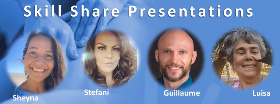 Graphic titled "Skill Share Presentations" with four circular portraits of presenters labeled Sheyna, Stefani, Guillaume and Luisa
