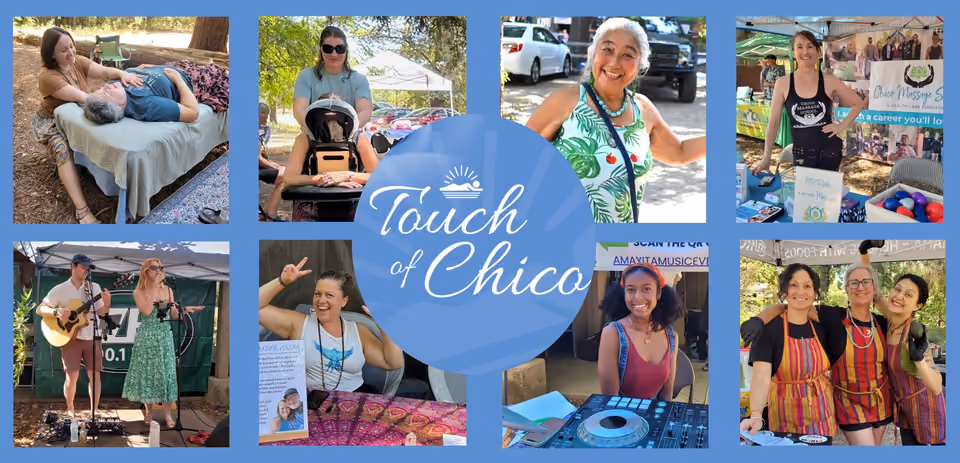 Collage for Touch of Chico healing fair: practitioners giving massage, a DJ, live musicians and smiling vendors at outdoor booths