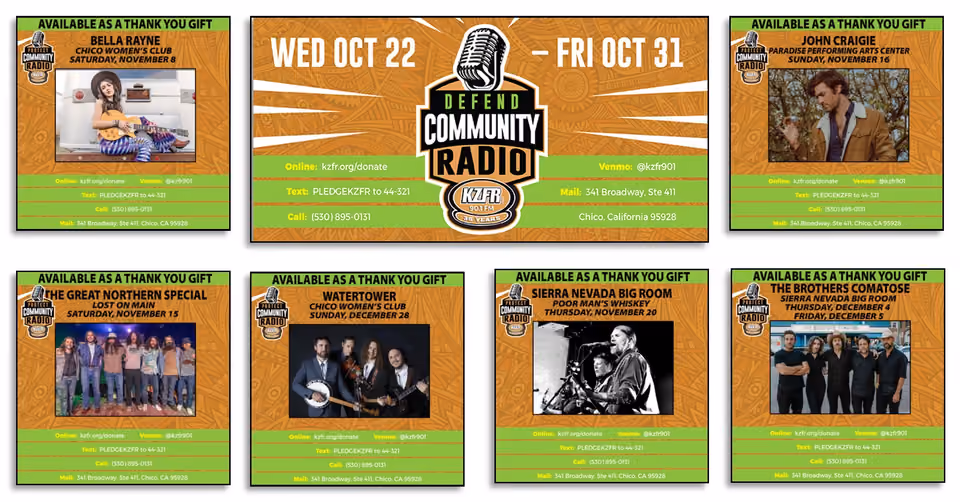 Collage of KZFR "Defend Community Radio" pledge drive graphics, Oct 22 to 31, with concert ticket thank you gifts: Bella Rayne, John Craigie, Watertower, The Brothers Comatose and more