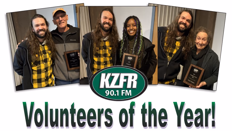 Volunteers of the Year graphic with the KZFR 90.1 FM logo and three photos of award recipients holding plaques, each beside a smiling man in yellow plaid
