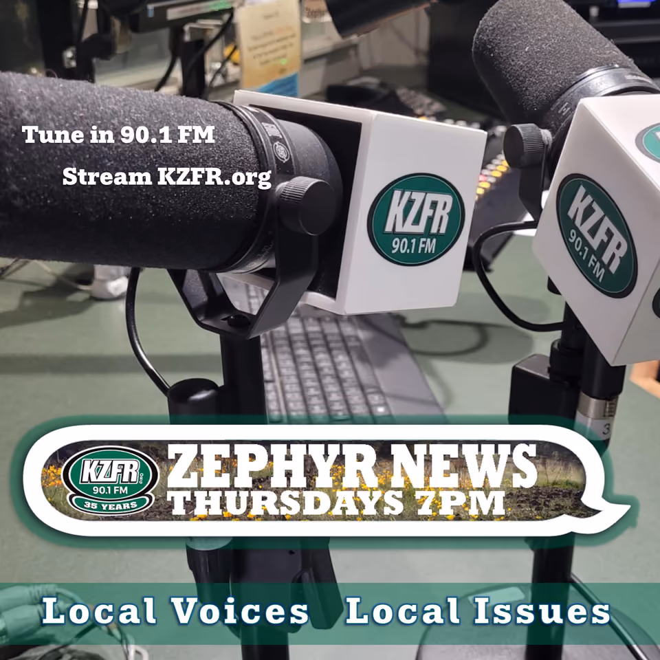 Promo graphic for Zephyr News, Thursdays 7PM on KZFR 90.1 FM, showing studio microphones with "Local Voices, Local Issues"