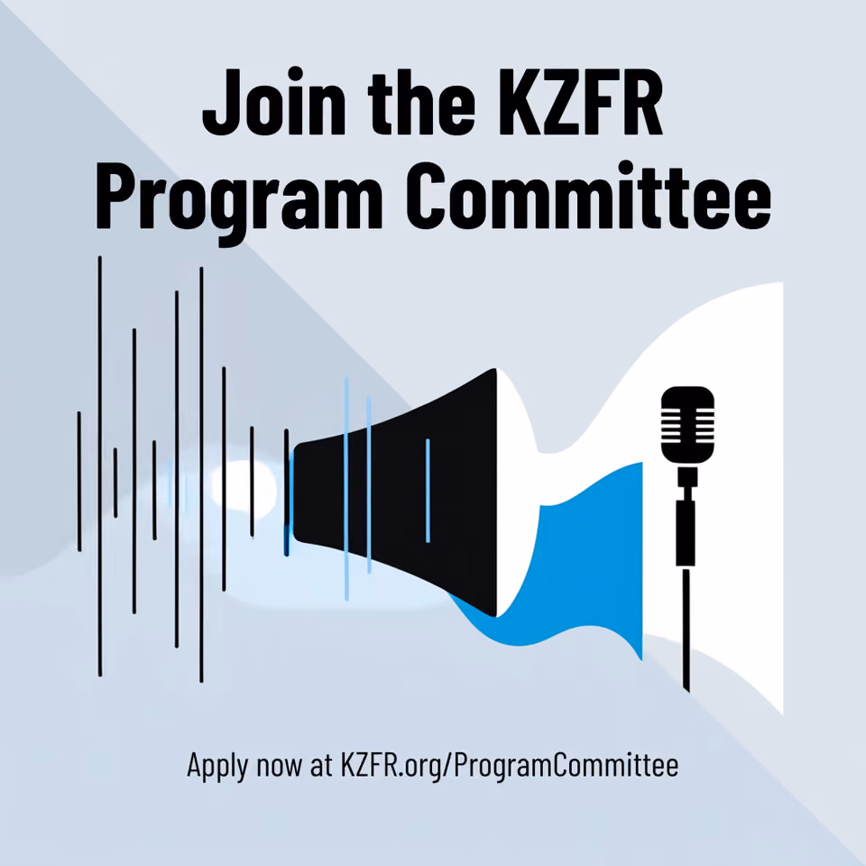 Graphic reading "Join the KZFR Program Committee" with a megaphone and microphone illustration, and "Apply now at KZFR.org/ProgramCommittee"