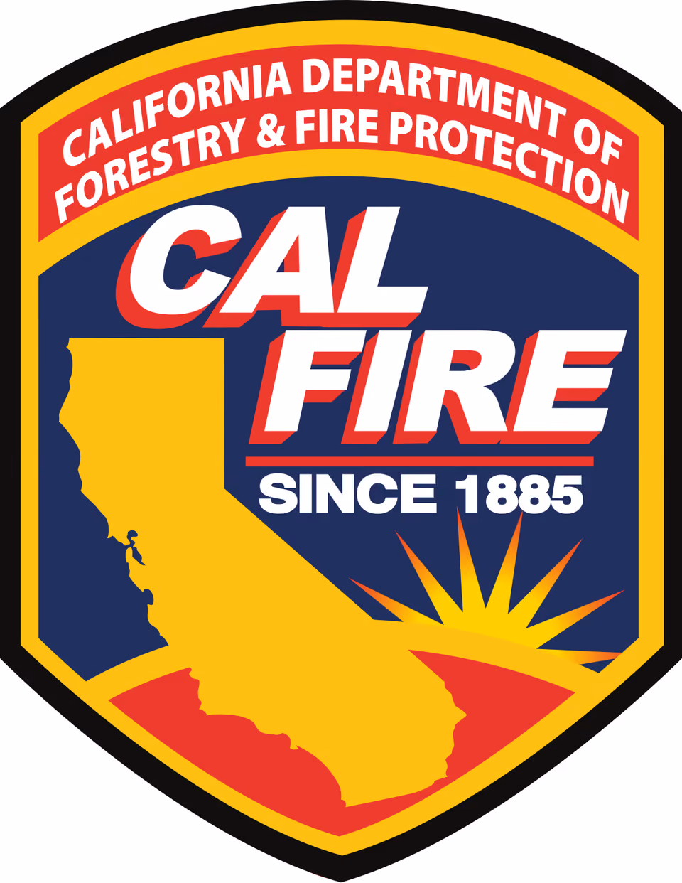 CAL FIRE logo, California Department of Forestry & Fire Protection shield with state outline and rising sun, since 1885