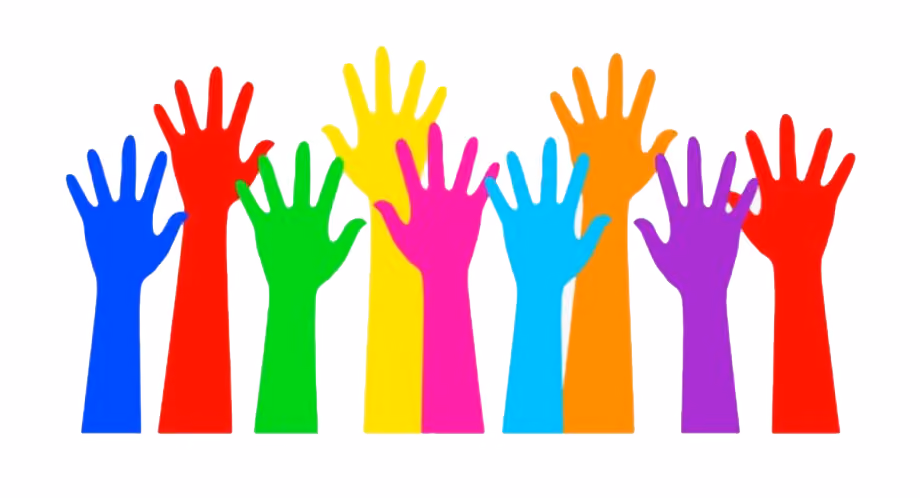 Illustration of nine raised hands in bright rainbow colors, reaching upward side by side like volunteers offering to help