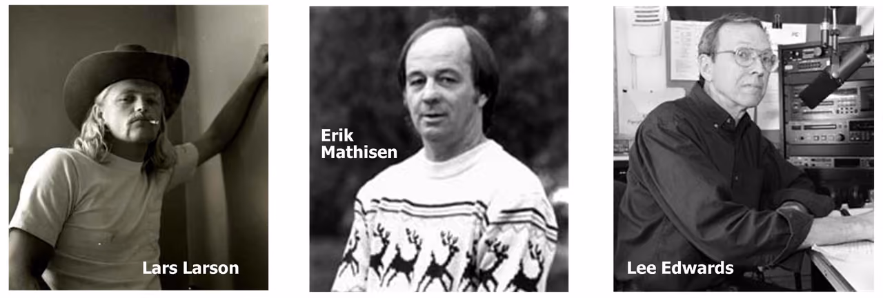 Portraits of KZFR founders Lars Larson, Erik Mathisen and Lee Edwards.