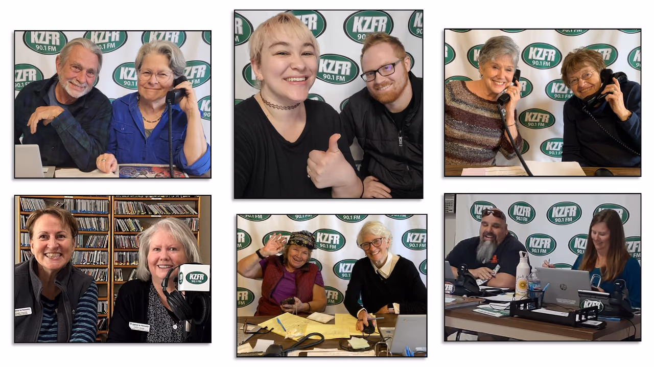 Six photos of smiling volunteers answering phones at tables in front of KZFR 90.1 FM banners during the spring 2023 pledge drive.