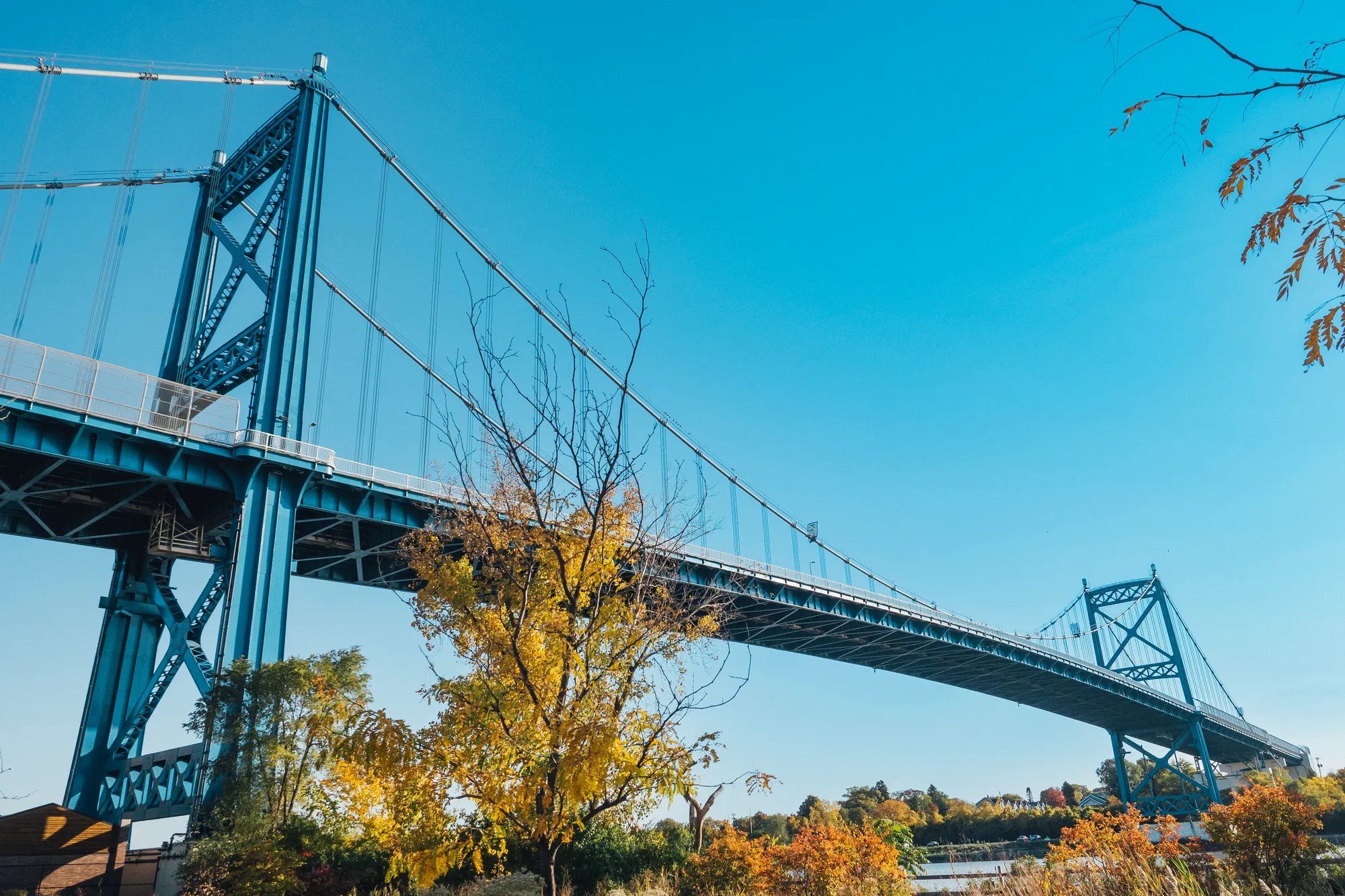 The Anthony Wayne Bridge carrying traffic across the Maumee River in Toledo at dusk