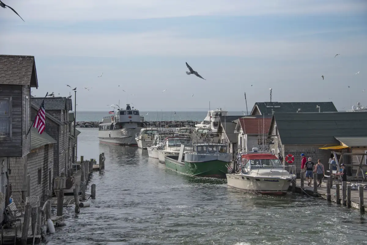 Weathered buildings and boats along the working waterfront in Fishtown