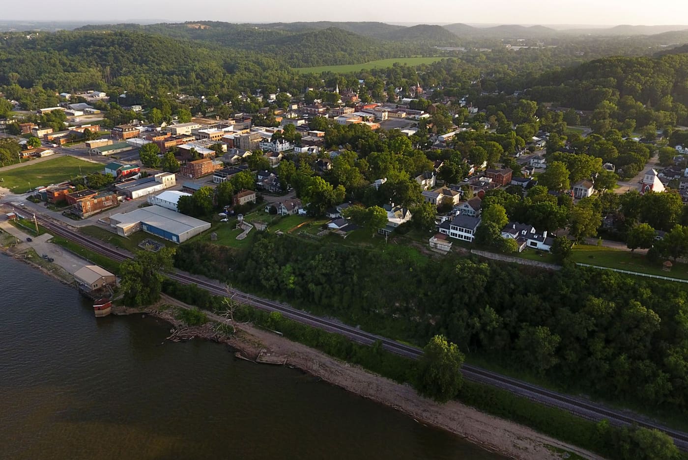 Aerial view of the City of Louisiana, Missouri along the Mississippi River at dusk.
