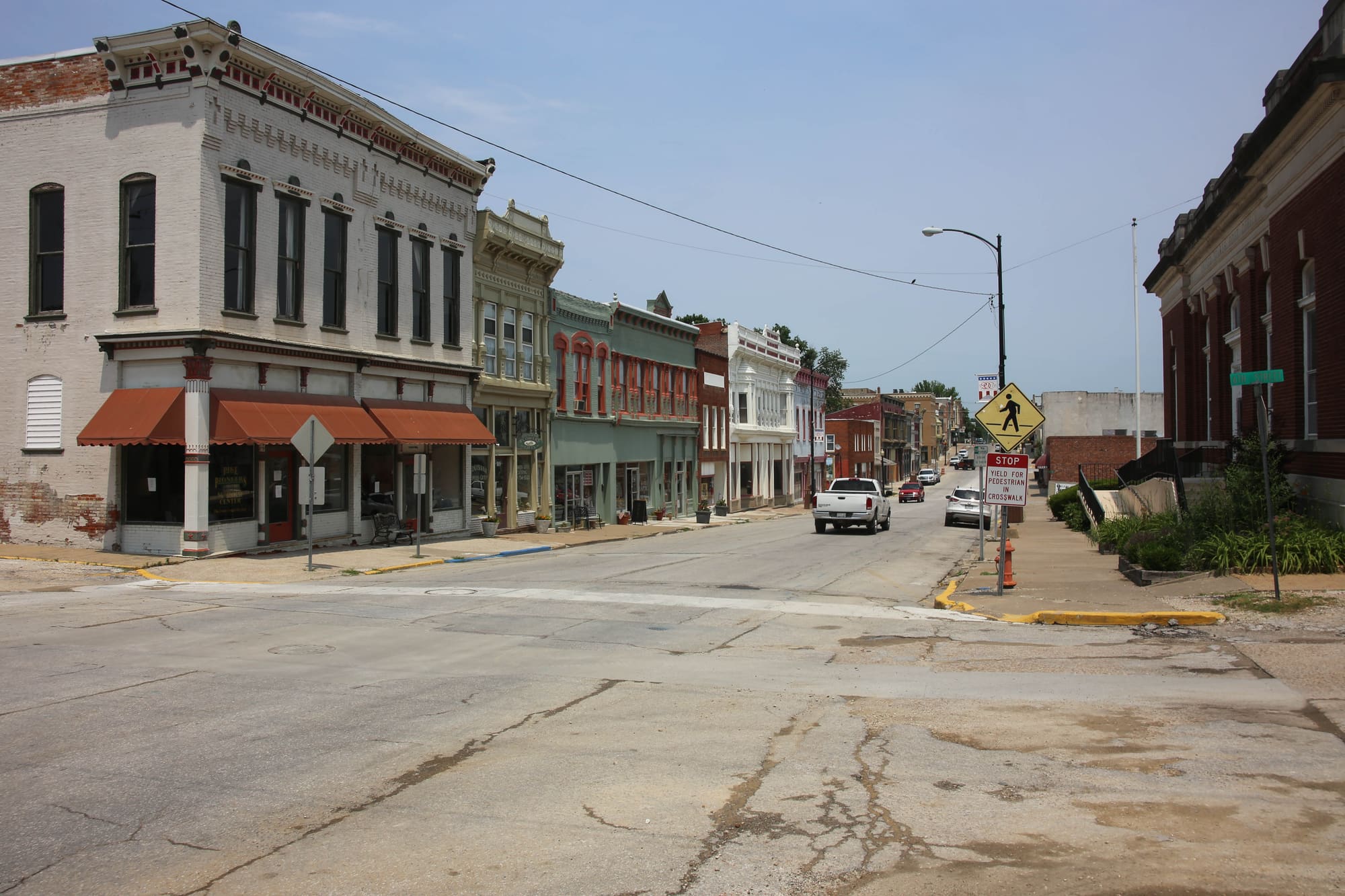 The historic brick commercial buildings of the Georgia Street Historic District in downtown Louisiana, Missouri.