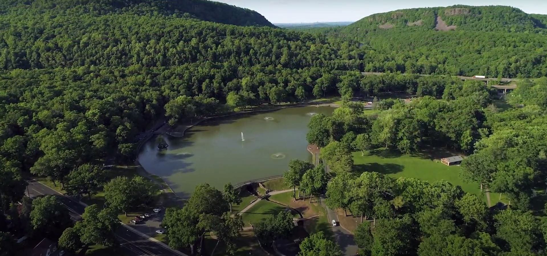 Aerial view across Hubbard Park toward the green traprock ridge.