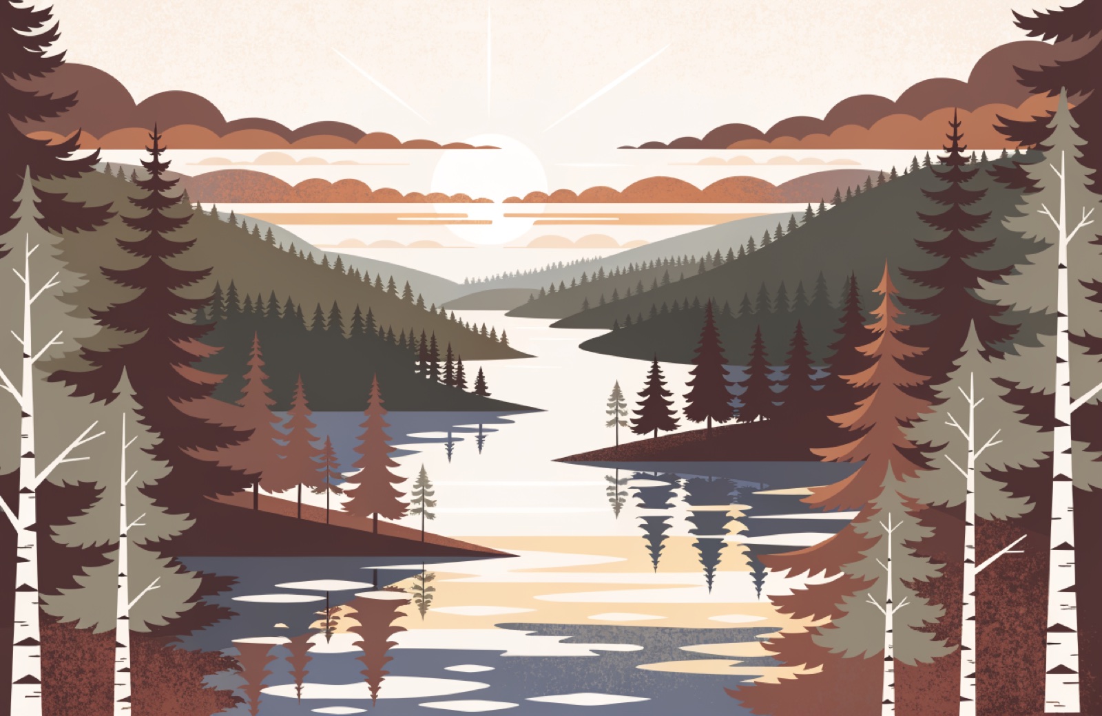 Illustration of the northern Wisconsin lake country at golden hour