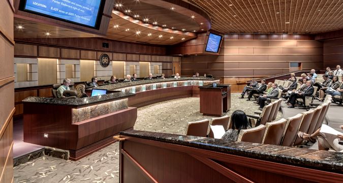 The North Richland Hills City Council chamber with the dais and audience seating