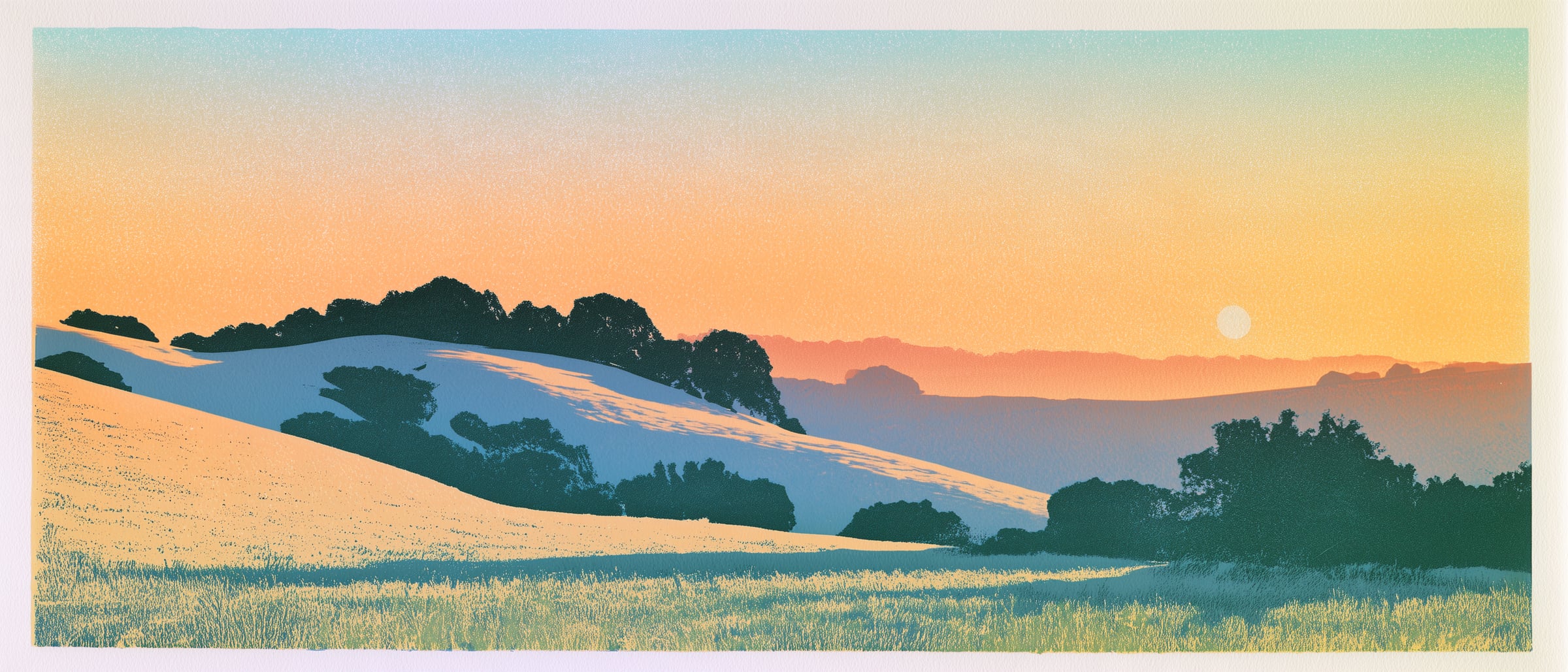 Soft pastel hills and scattered oaks under a pale sky