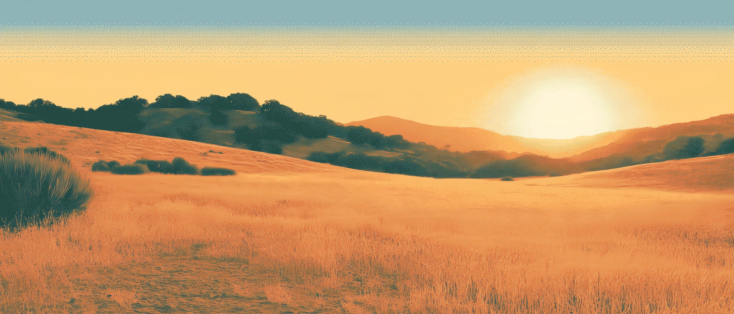 Stippled gold hills and an oak ridge at the end of the day