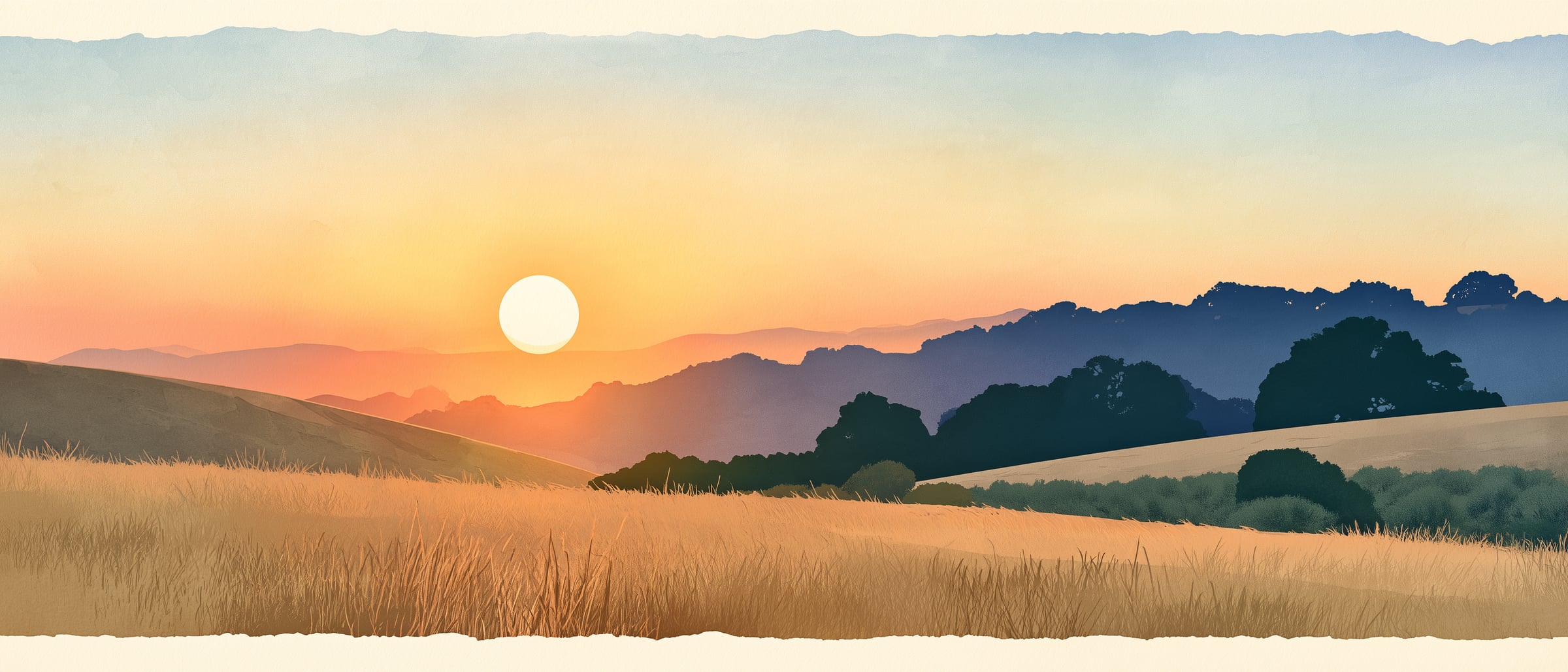 A washed sun over a dark oak ridge and dry summer grass
