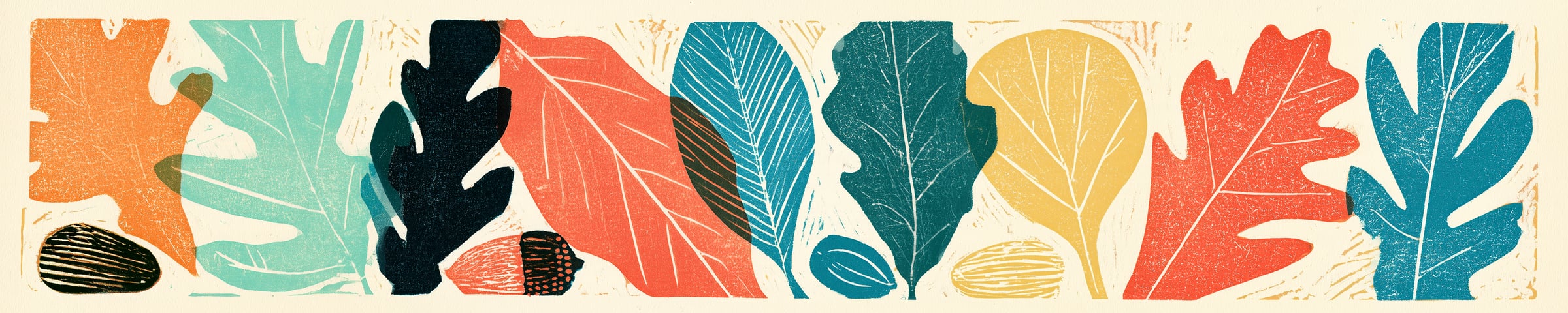 Oak leaves and acorns in coral, gold, teal and ink