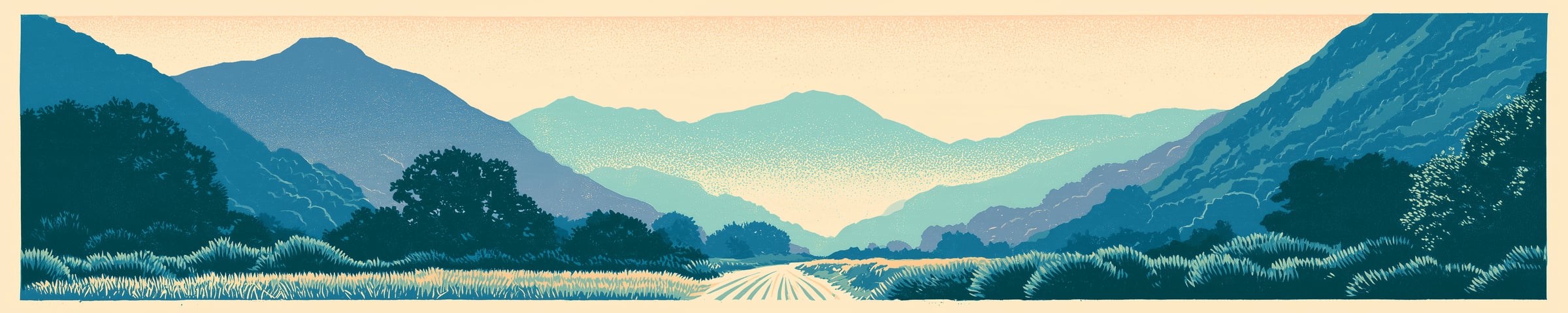 A valley trail between oaks and mountains, cut in two blue inks