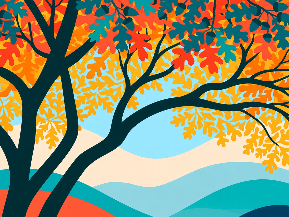 An oak’s branches over layered hills
