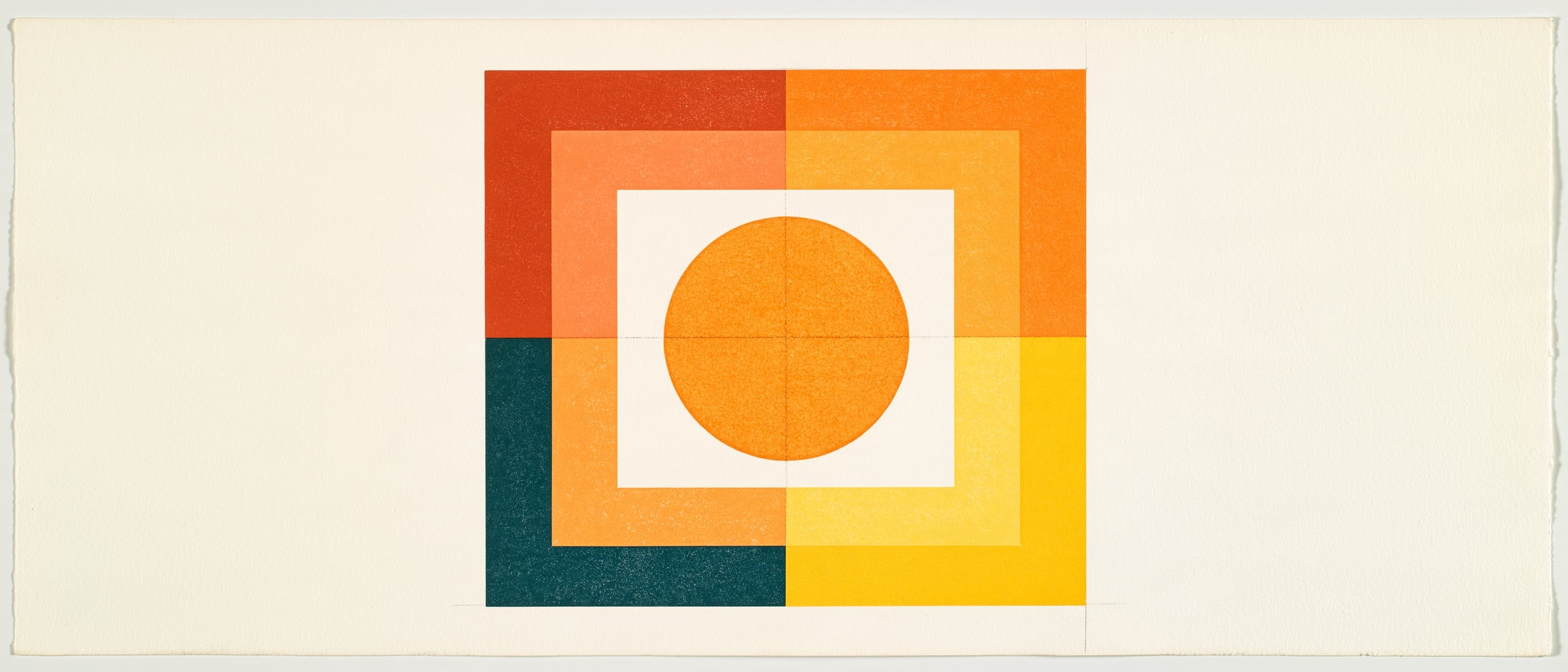 An amber sun inside nested squares of warm color