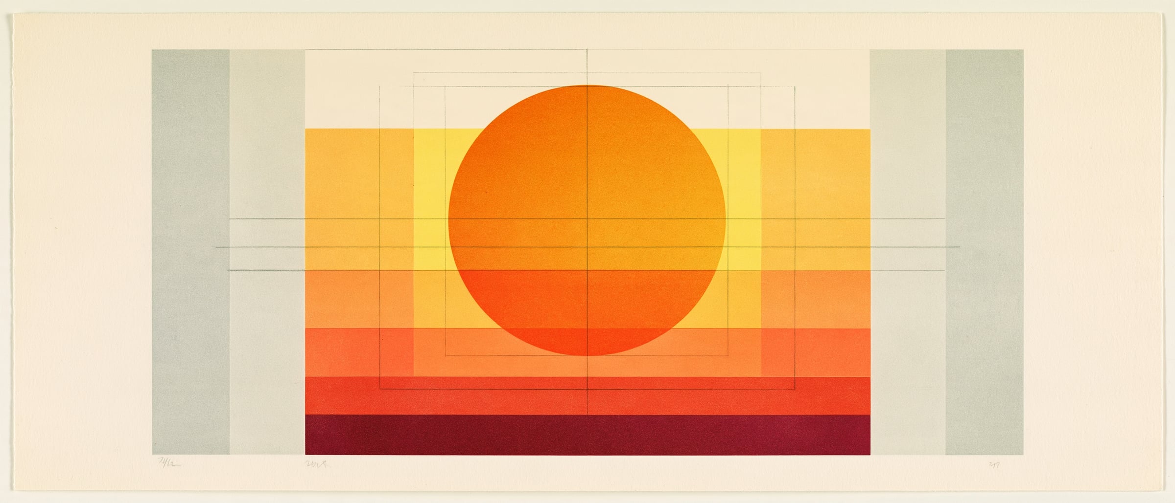 An amber sun rising through bands of warm color