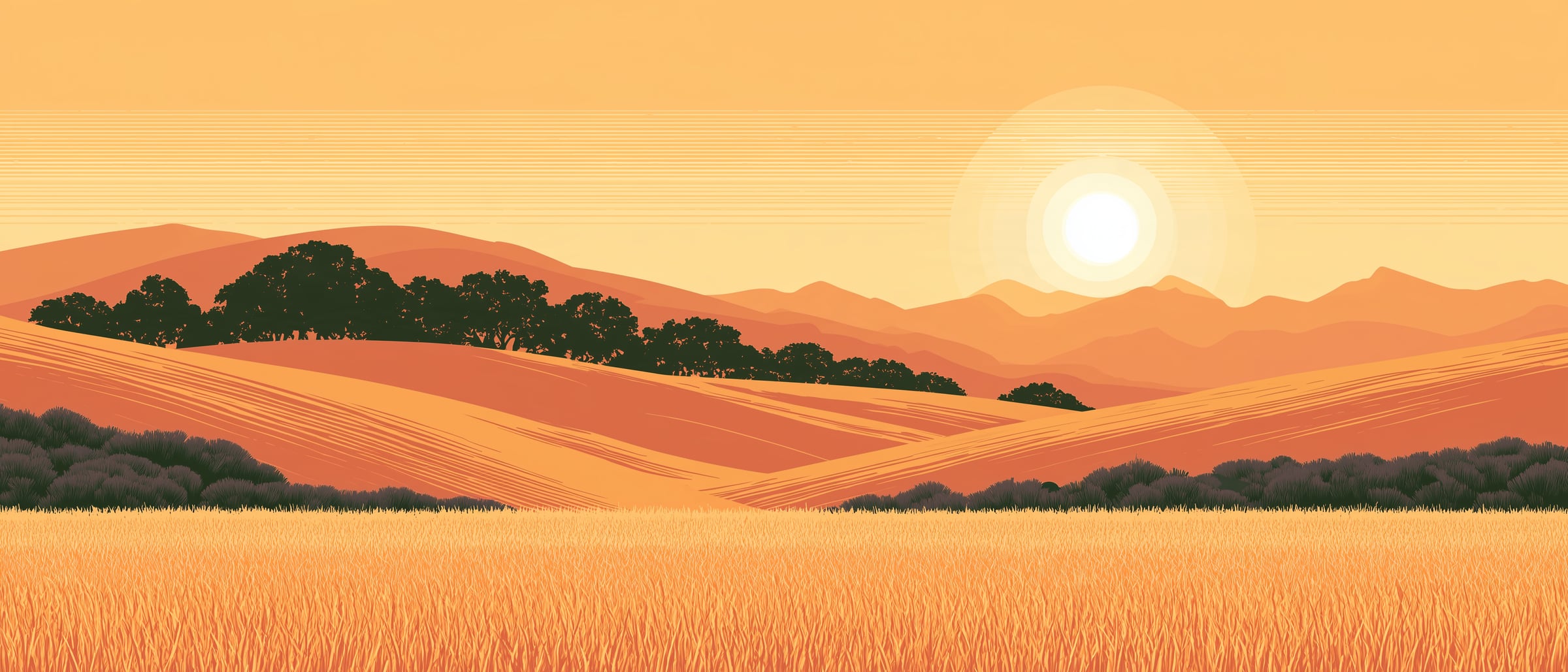 Rolling gold hills, an oak ridge and the sun’s haze