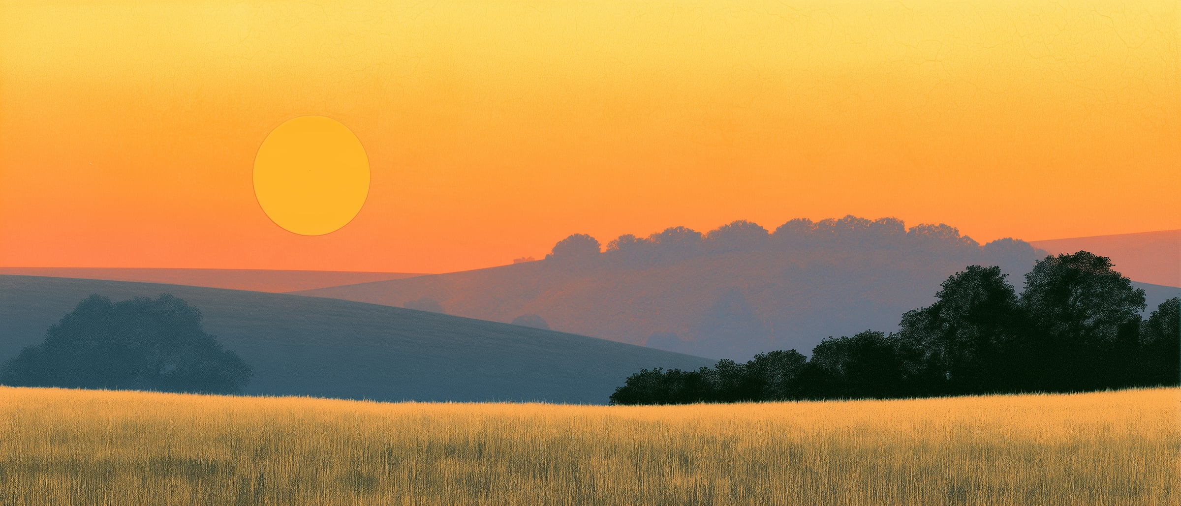 The sun setting behind a ridge of oaks above dry grass