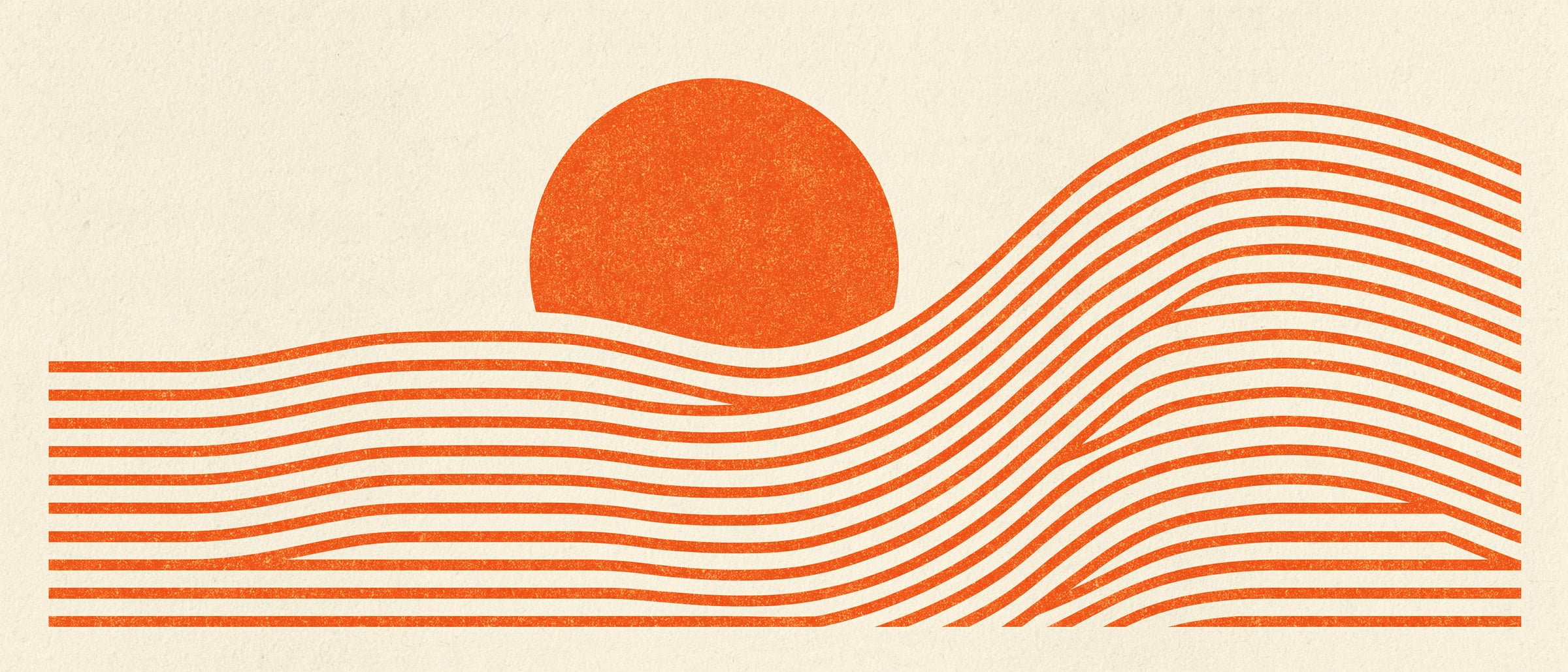 An amber sun over thin flowing lines on cream paper