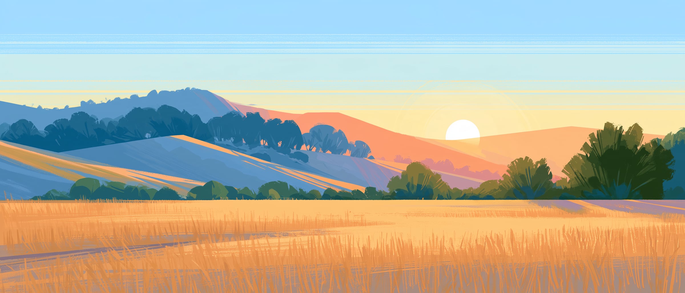Sunlit hills, oaks and blue distant slopes