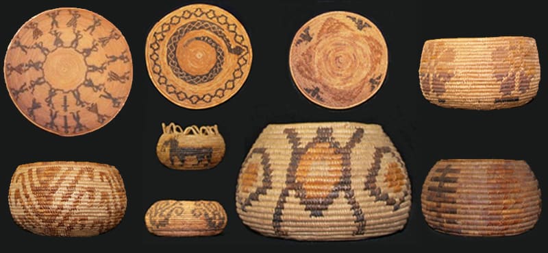 Nine coiled baskets with woven rattlesnake and geometric patterns