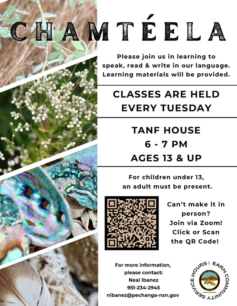 The Chamtéela language class flyer: Tuesdays, 6 to 7 p.m., at the TANF House