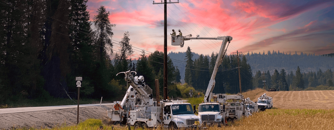 Pend Oreille PUD line crews working at dusk along Highway 211