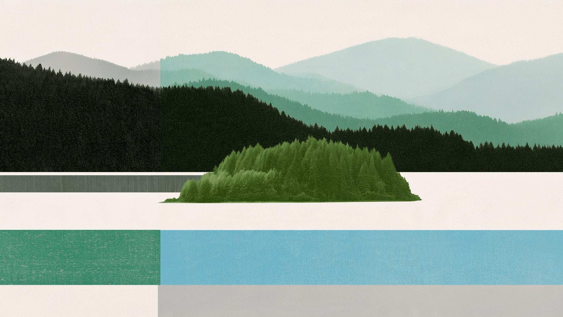 A pale lake and one green island under stacked pine-dark ridges