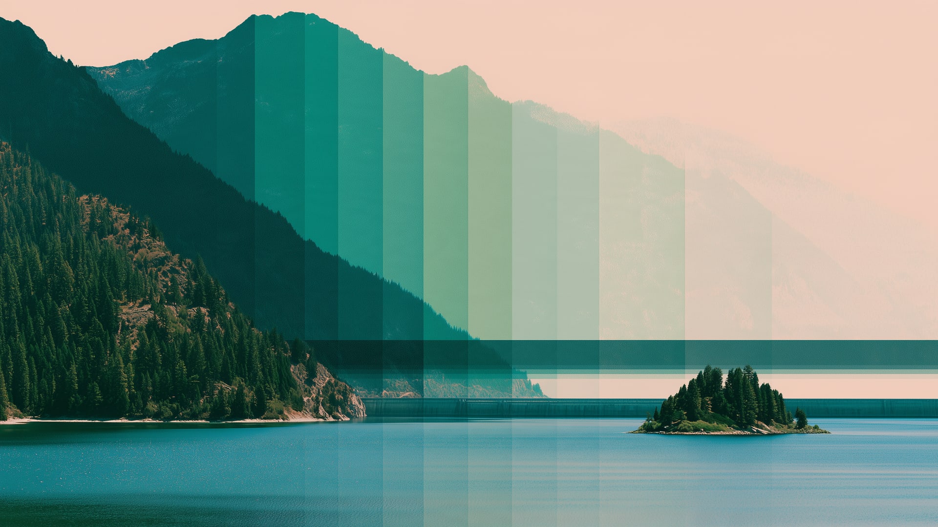 Haze over a still lake with a single island and a far ridge