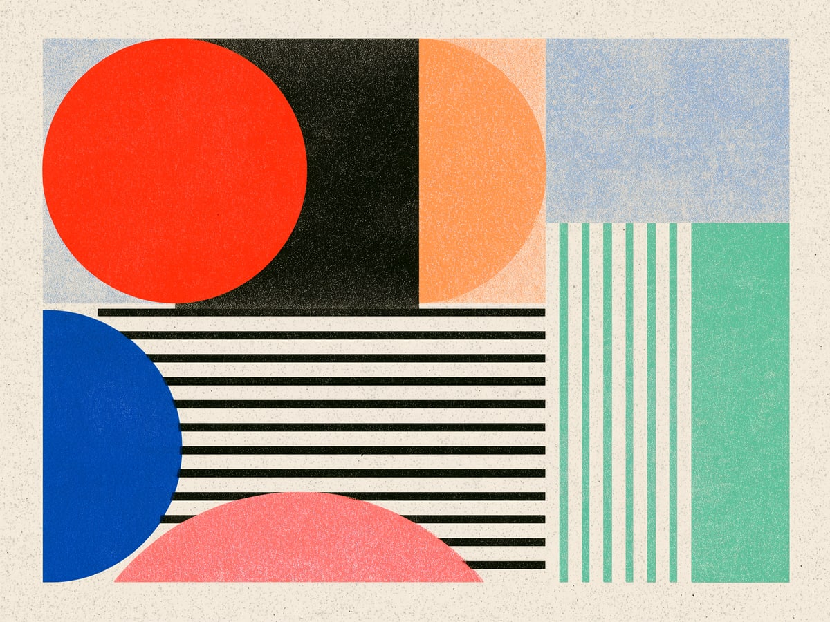 A grainy panel of geometric lake, ridge and scarlet